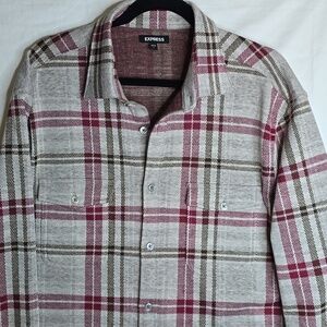Express Grey Maroon Plaid Two Chest Pocket Full ButtonDown Cabincore